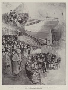 La nave più grande in galleggiamento, schizzi al varo del White Star Liner, Oceanic, a Belfast il 14 gennaio